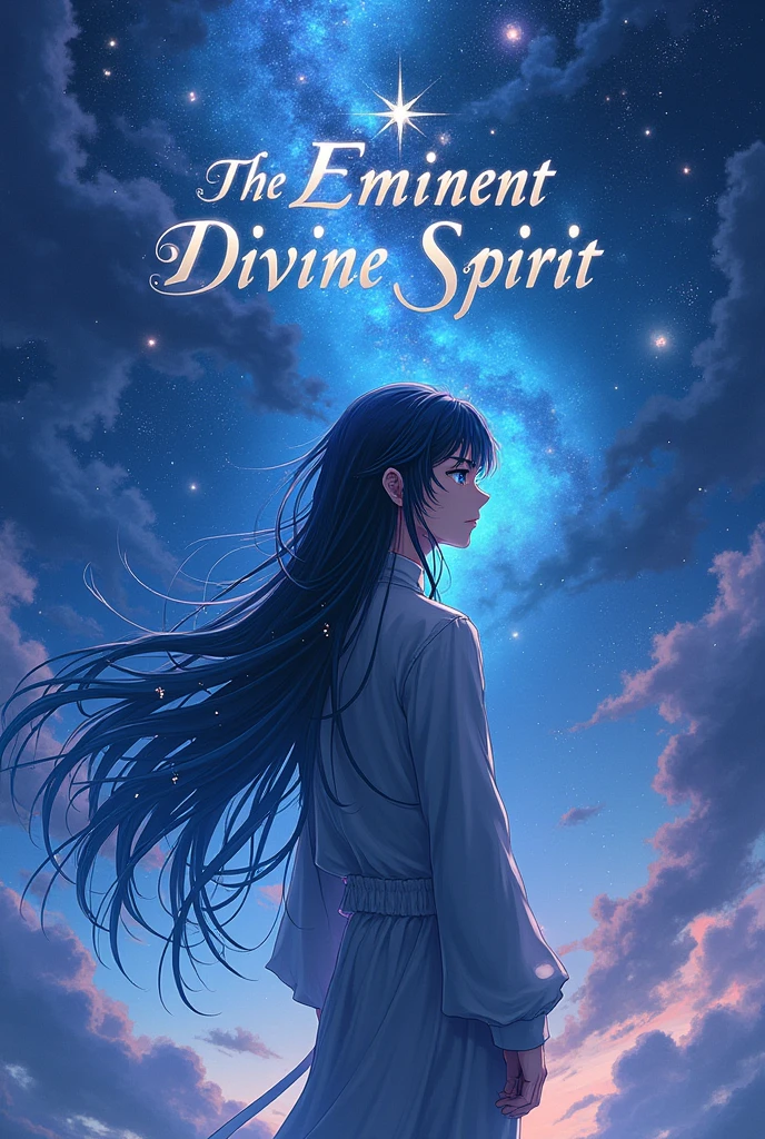 put the name: (The Eminent Divine Spirit), written in the drawing. Create a character, HUMAN TEENAGE MALE WITH NORMAL EARS with JAPANESE ANIME style drawing features, IN a cosmic environment, long black hair with a cobalt blue streak in one hair, cobalt blue eyes.