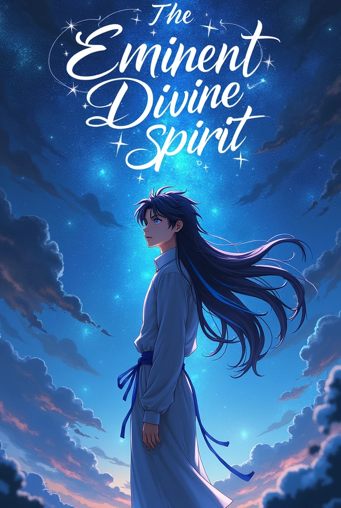 put the name: (The Eminent Divine Spirit), written in the drawing. Create a character, HUMAN TEENAGE MALE WITH NORMAL EARS with JAPANESE ANIME style drawing features, IN a cosmic environment, long black hair with a cobalt blue streak in one hair, cobalt blue eyes.