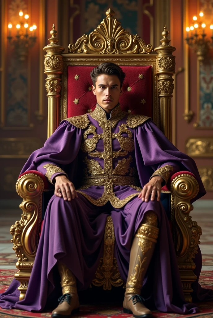 A handsome and young man became a male king with a background in the Kingdom and was sitting in the palace with a stern face with a very strong alpha aura and wearing royal clothes.