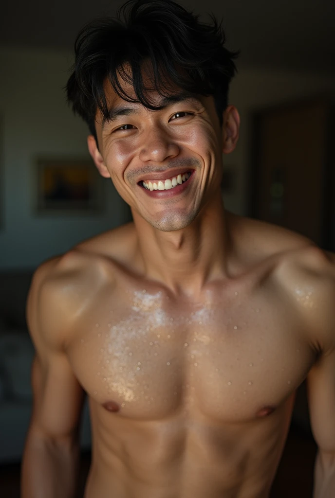 white-skinned Korean guy, muscular and sexy, has a big broad chest with very big pink nipples, his body is sweaty and smiling obscenely, he is naked, and his big, muscular penis is visible