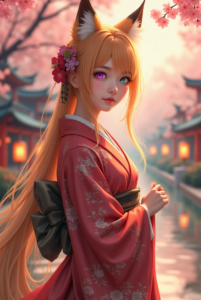 A Japanese person wearing a kimono with an ephemeral aura, with fox-colored hair and eyes the color of the rainbow.
