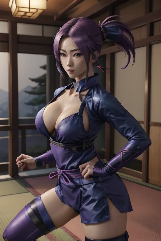 Highest quality,Ultra HD,Best AI Images, Full body photo,(beautiful face like a Japanese actress), ((Purple Hair))，Very detailed vfx portrait of, Female Ninja, Japanese kunoichi, cgsociety and Zhong Feng Hua, Covert behavior, Female Ninja, ((Scene of fighting with shurikens)),Scene of throwing shurikens 1.3,Portrait of a Japan woman, , Trending on deviantart, ((blue short ninja costume 1.5))，((sexy kunoichi,Big Breasts)), Japanese spy, 3D Rendering, (Beautiful Face 1.5), Key Visual, Vibrant, (((background 1 of a night mansion in the Sengoku period.5))), Very detailed, growing up,