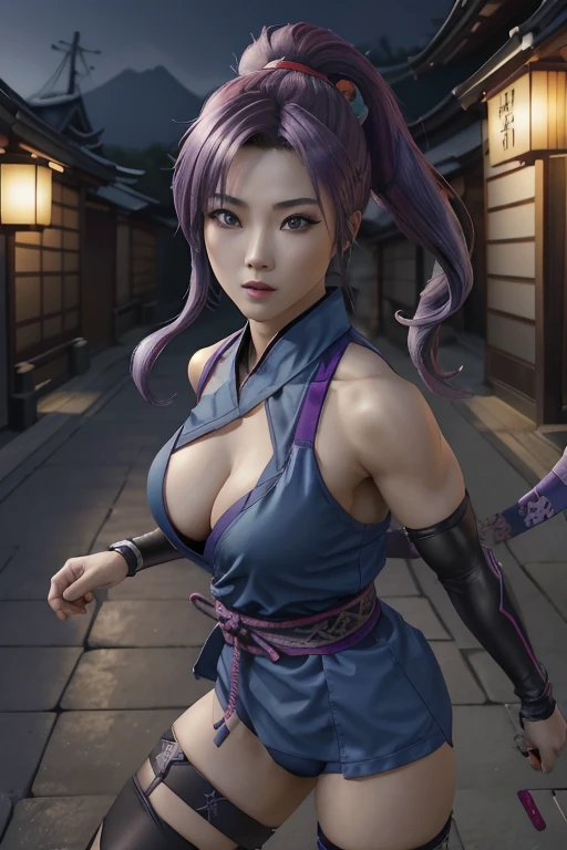Highest quality,Ultra HD,Best AI Images, Full body photo,(beautiful face like a Japanese actress), ((Purple Hair))，Very detailed vfx portrait of, Female Ninja, Japanese kunoichi, cgsociety and Zhong Feng Hua, Covert behavior, Female Ninja, ((Scene of fighting with shurikens)),Scene of throwing shurikens 1.3,Portrait of a Japan woman, , Trending on deviantart, ((blue short ninja costume 1.5))，((sexy kunoichi,Big Breasts)), Japanese spy, 3D Rendering, (Beautiful Face 1.5), Key Visual, Vibrant, (((background 1 of a night mansion in the Sengoku period.5))), Very detailed, growing up,