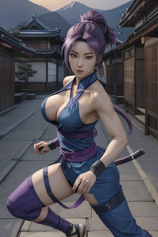 Highest quality,Ultra HD,Best AI Images, Full body photo,(beautiful face like a Japanese actress), ((Purple Hair)),Very detailed vfx portrait of, Female Ninja, Japanese kunoichi, cgsociety and Zhong Feng Hua, Covert behavior, Female Ninja, ((Scene of fighting with shurikens)),Scene of throwing shurikens 1.3,Portrait of a Japan woman, , Trending on deviantart, ((blue short ninja costume 1.5)),((sexy kunoichi,Big Breasts)), Japanese spy, 3D Rendering, (Beautiful Face 1.5), Key Visual, Vibrant, (((background 1 of a night mansion in the Sengoku period.5))), Very detailed, growing up,
