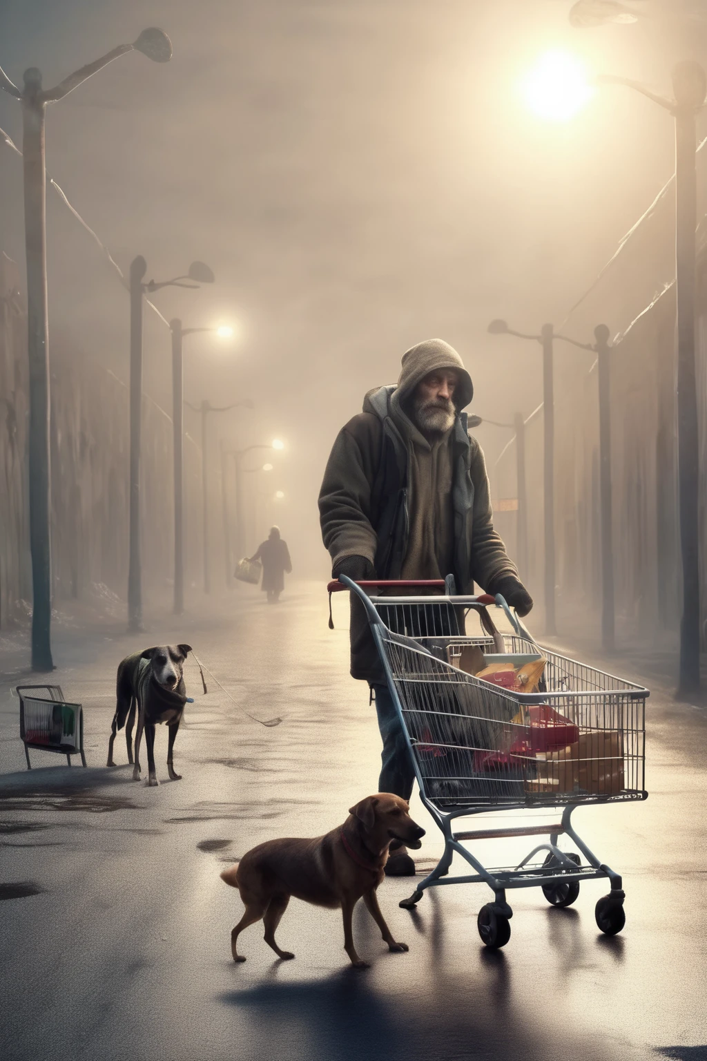 A homeless man wandering with his shopping cart and accompanied by his dog at the end of the world. Surreal. cinematographic light.