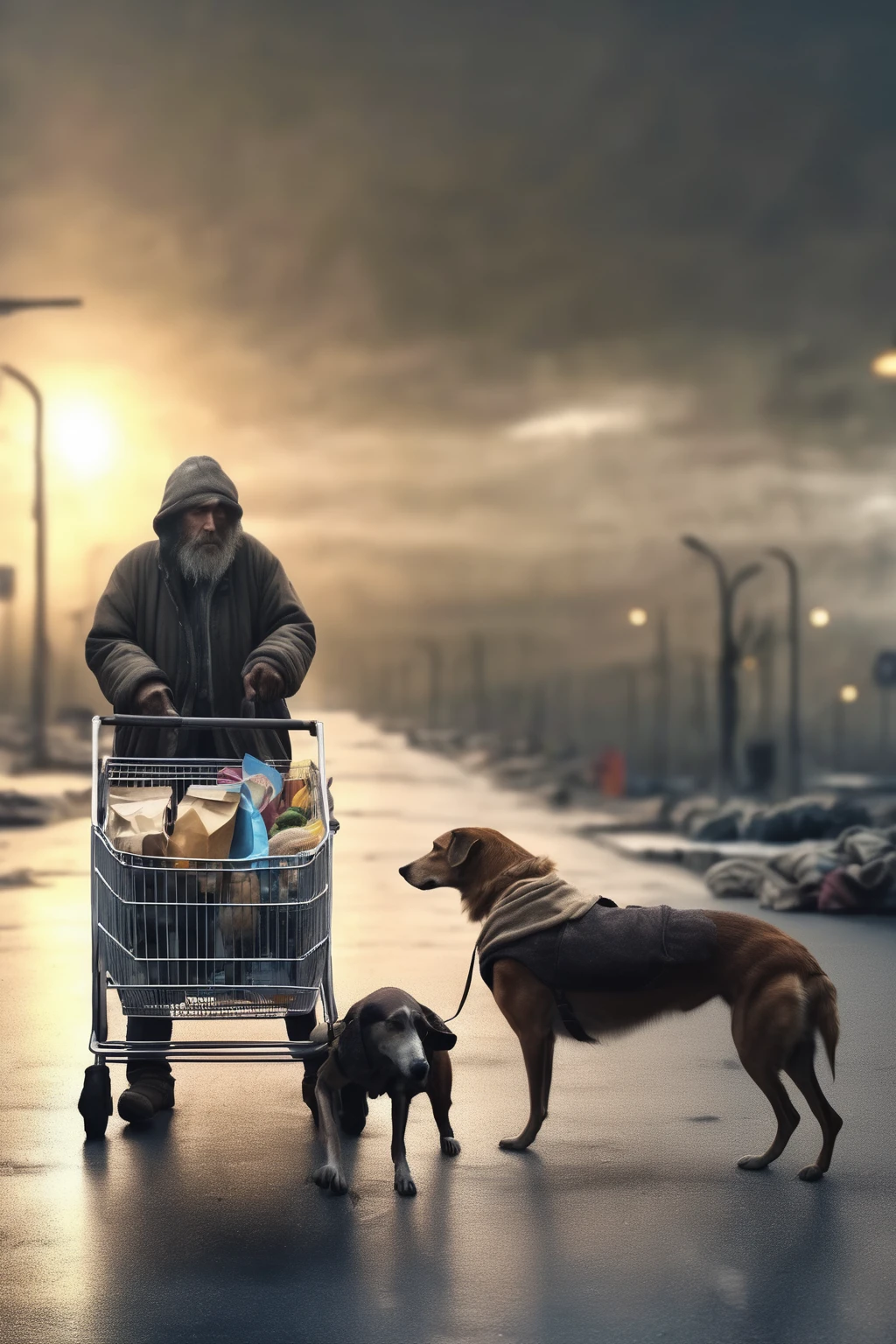 A homeless man wandering with his shopping cart and accompanied by his dog at the end of the world. Surreal. cinematographic light.