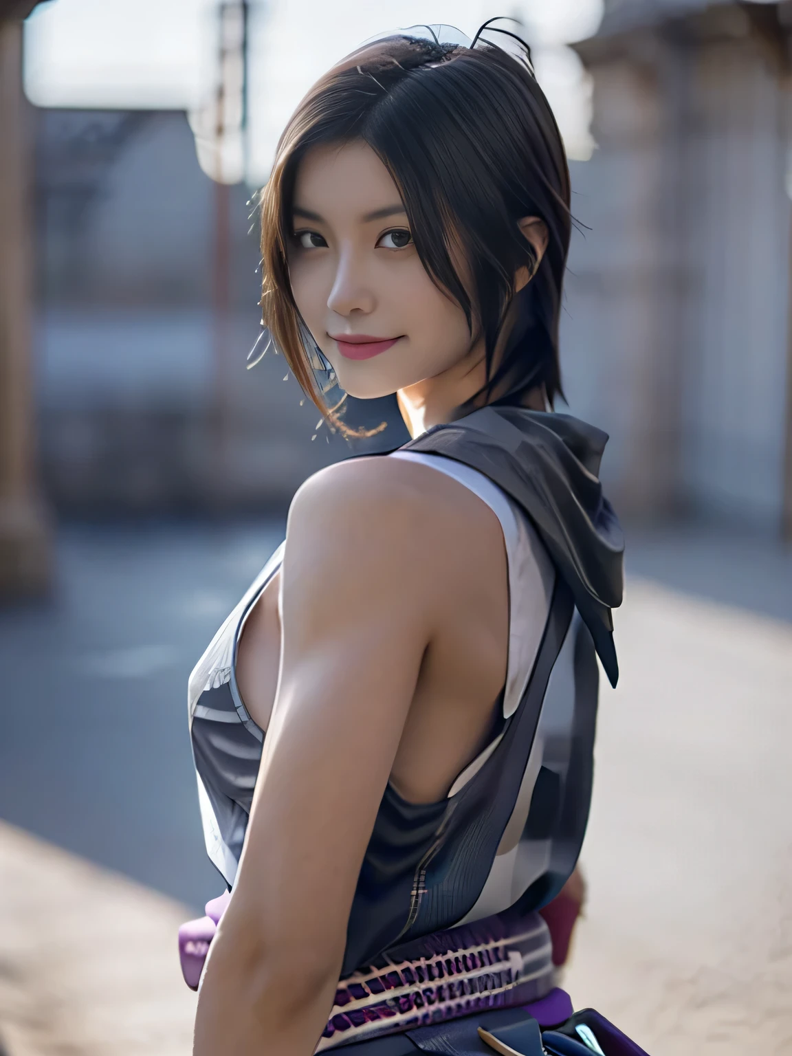 20 year old Japanese beauty,One woman、Muscular body like a bodybuilder、Emphasize the breasts、Slit eyes、A head-to-toe view,Bust is very very large、The background is a medieval European kitchen、High quality photos、Clear, crisp images of the lower body、Masterpiece 8k、Smiling、Holding a sword in his right hand、From the front, from the side, from the back, etc.々from what camera angle to shoot、Ninja costume