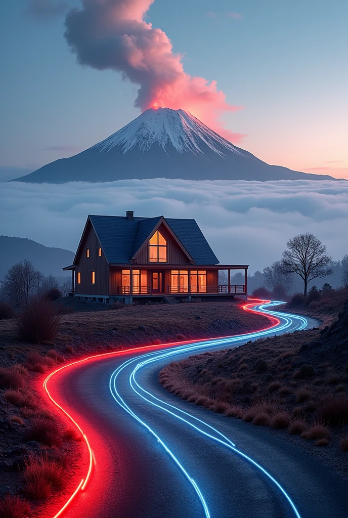 Internet fiber optic ad image showing a house next to many with internet connection with a landscape of volcanoes in the background and all its colors but dominated by red and white. 