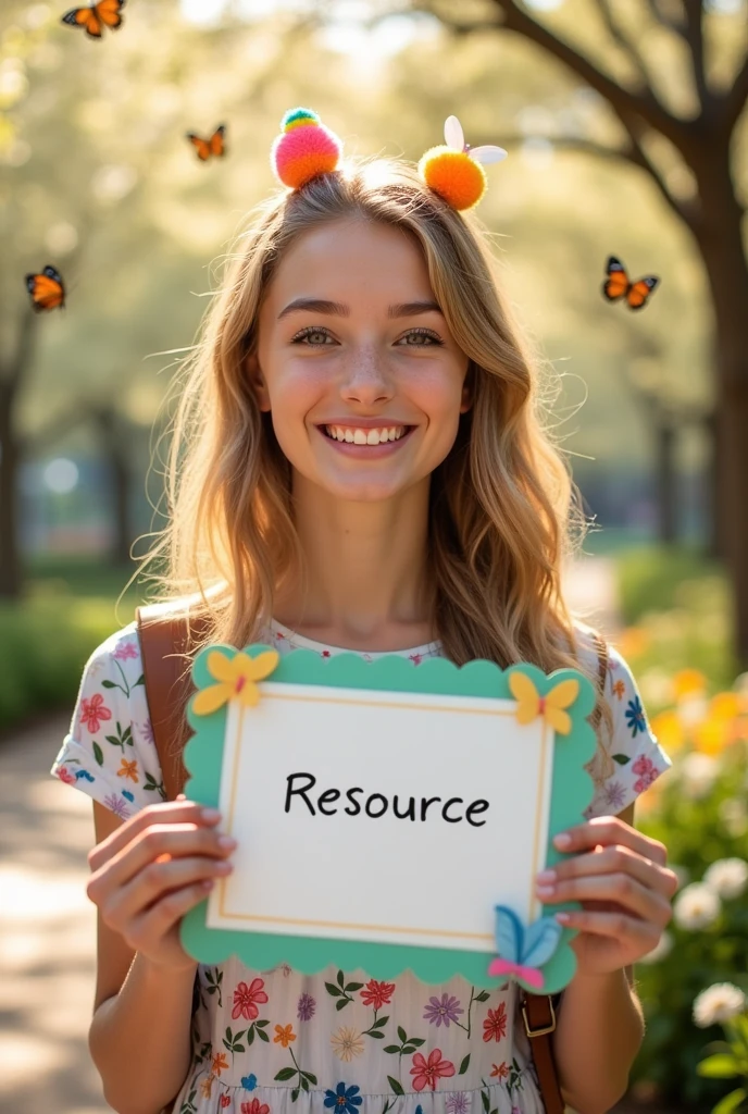 Create a picture of a cute original women showing a resource ad
