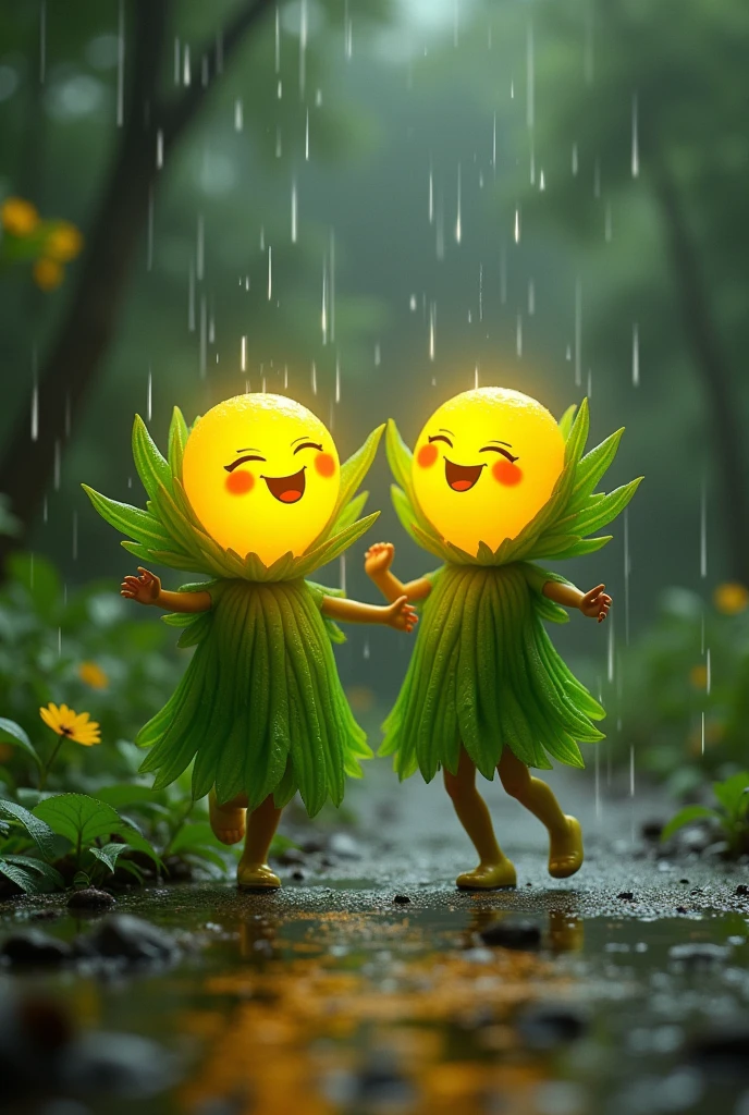 Subject: two cute characters whose heads are circled emoji that smiling and and the rest body parts are
glowing
made up of leaves.
Environment :- The background of the
image is a blurred green and yellow
background Raining
Action - dancing in rain