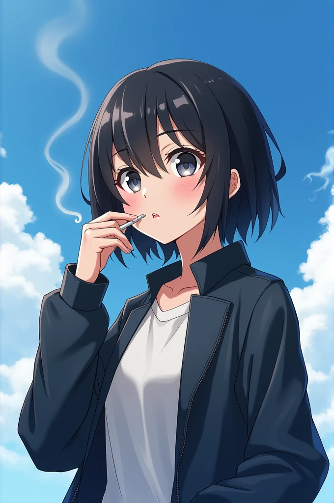 perfect face anime girl with short black hair wearing a jacket and smoking a cigarette with a blue sky as a background