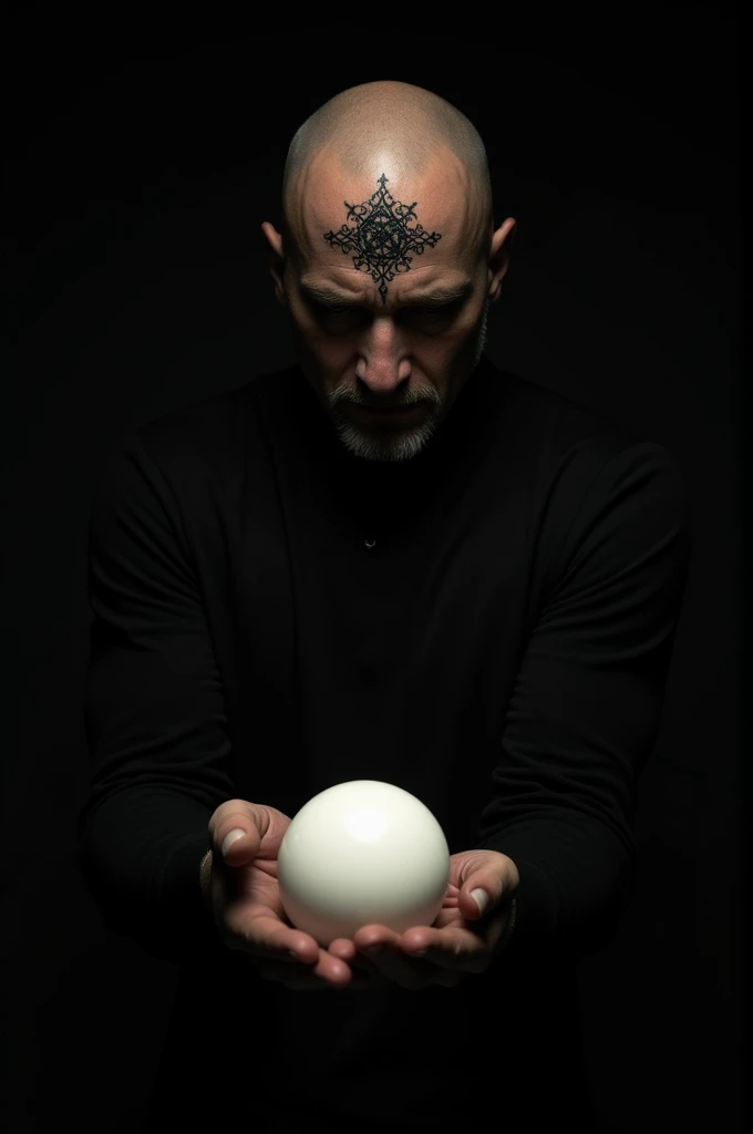 A hairless man steals basic white, black background and an alchemy tattoo on his forehead