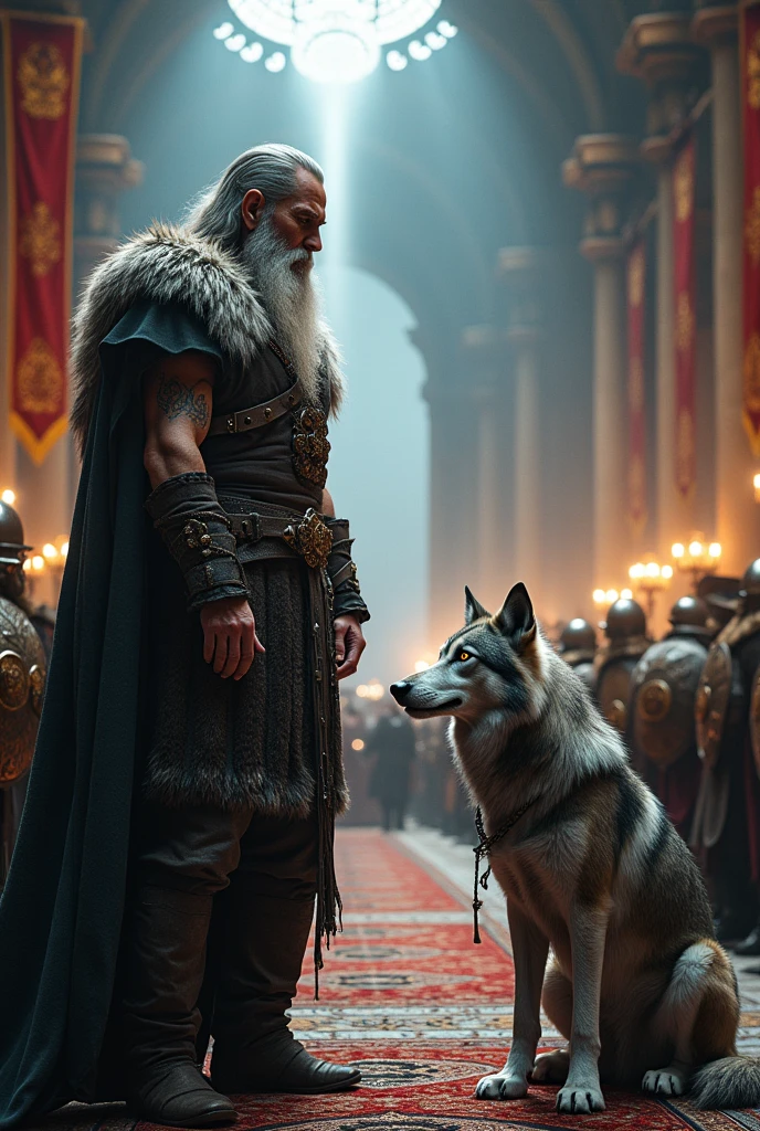 Create an image of Odin, blind in his left eye, with a gray wolf and typical Viking attire in Valhalla.