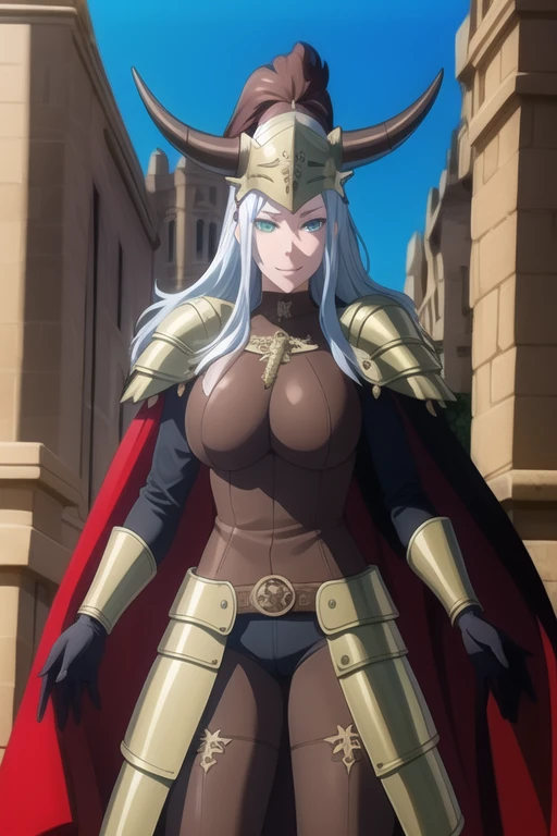 (high quality:1.2), intricate detailed, colorful,
VanessaCromwell, 1girl, mature female, solo, cowboy shot,
looking at viewer, determined,
white hair, long hair, green eyes, smile 
armor, breastplate, shoulder armor, sexy pose, bodysuit, horned helmet, gloves, cape, cloak, shoulder cape, grabbing cape 
large breasts, outdoor, standing 
 