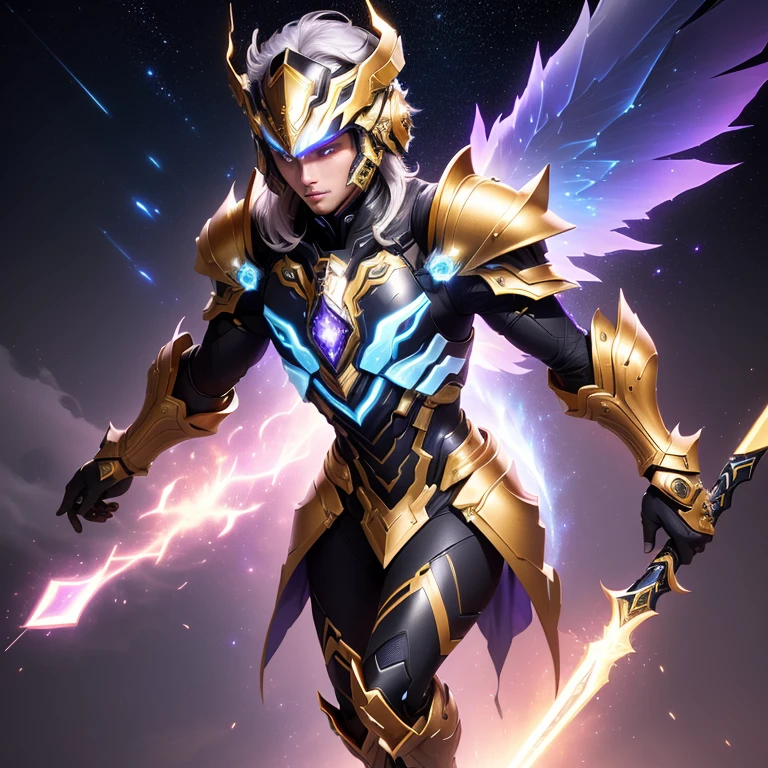 The image presents a highly detailed and futuristic armor designed for a male warrior. The armor combines elements from different parts to create a cohesive and powerful look.
Helmet: The helmet features a sleek, aerodynamic design with a golden metallic finish. It has a central crest that rises upwards, and the visor glows with a bright blue light, giving it a high-tech, futuristic appearance.
Pauldrons (Shoulder Pads): The shoulder pads are large and wing-like, curving outward and upward, with a polished golden finish. These pads extend slightly beyond the shoulders and include a sleek, angular design, providing both a majestic and powerful look.
Chest Plate: The chest plate is intricately segmented, with a combination of gold and dark metallic blue. It has a gem-like crystal in the center that emits a soft, mystical glow. The design of the chest plate is both protective and regal, with sharp, angular lines that add to the overall futuristic aesthetic.
Arm Guards: The arm guards are sleek and streamlined, with articulated golden and purple segments that offer flexibility and protection. The design of the gauntlets is both robust and elegant, incorporating futuristic elements that blend with the classic style.
Leg Armor: The legs are armored with segmented plates that are primarily gold and purple. The boots are angular and sturdy, with a design that conveys both strength and agility. The overall look of the leg armor is grounded yet sleek, completing the ensemble with a powerful stance.
The background of the image is a dark cosmic scene, filled with distant stars and nebulae that highlight the polished surfaces of the armor. Dynamic lighting is used to emphasize the key features, particularly the glowing visor and central chest gem, reinforcing the mystical and imposing nature of the warrior.