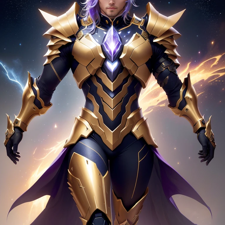 The image presents a highly detailed and futuristic armor designed for a male warrior. The armor combines elements from different parts to create a cohesive and powerful look.
Helmet: The helmet features a sleek, aerodynamic design with a golden metallic finish. It has a central crest that rises upwards, and the visor glows with a bright blue light, giving it a high-tech, futuristic appearance.
Pauldrons (Shoulder Pads): The shoulder pads are large and wing-like, curving outward and upward, with a polished golden finish. These pads extend slightly beyond the shoulders and include a sleek, angular design, providing both a majestic and powerful look.
Chest Plate: The chest plate is intricately segmented, with a combination of gold and dark metallic blue. It has a gem-like crystal in the center that emits a soft, mystical glow. The design of the chest plate is both protective and regal, with sharp, angular lines that add to the overall futuristic aesthetic.
Arm Guards: The arm guards are sleek and streamlined, with articulated golden and purple segments that offer flexibility and protection. The design of the gauntlets is both robust and elegant, incorporating futuristic elements that blend with the classic style.
Leg Armor: The legs are armored with segmented plates that are primarily gold and purple. The boots are angular and sturdy, with a design that conveys both strength and agility. The overall look of the leg armor is grounded yet sleek, completing the ensemble with a powerful stance.
The background of the image is a dark cosmic scene, filled with distant stars and nebulae that highlight the polished surfaces of the armor. Dynamic lighting is used to emphasize the key features, particularly the glowing visor and central chest gem, reinforcing the mystical and imposing nature of the warrior.