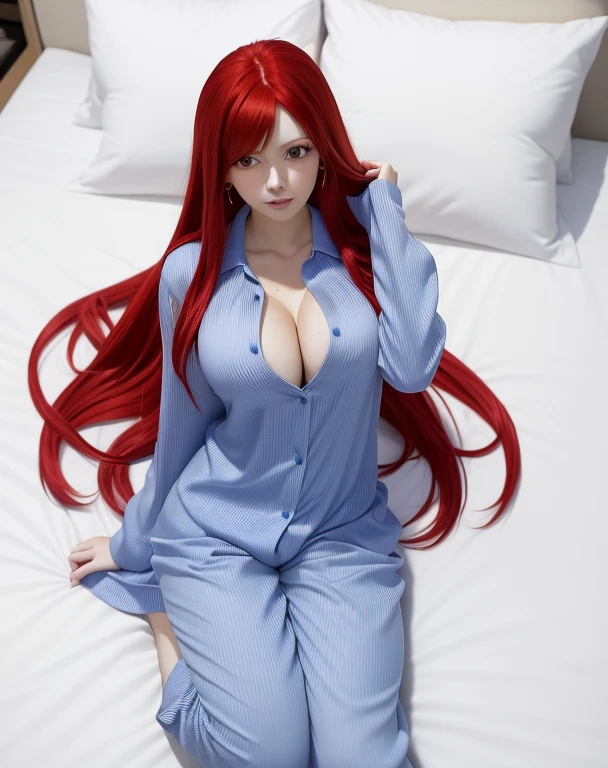 a close up of a person in a blue pajamas with long red hair, lying on ben, looking at viewer, erza scarlet as a real person, rias gremory, female anime character, anime girl named Erza Scarlet, Fairy Tale anime, best anime character design, she has red hair, seductive anime girl, anime character, with red hair, anime best girl, with long red hair, anime woman full body art, realistic art