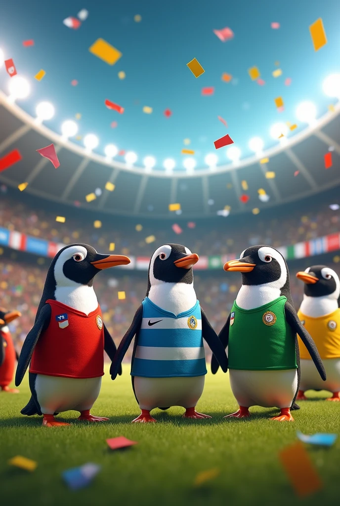 PENGUINS WITH SOCCER JERSEYS FROM CHILE PERU BOLIVIA ARGENTINA BRAZIL COLOMBIA MEXICO
WITH STADIUM BACKGROUND