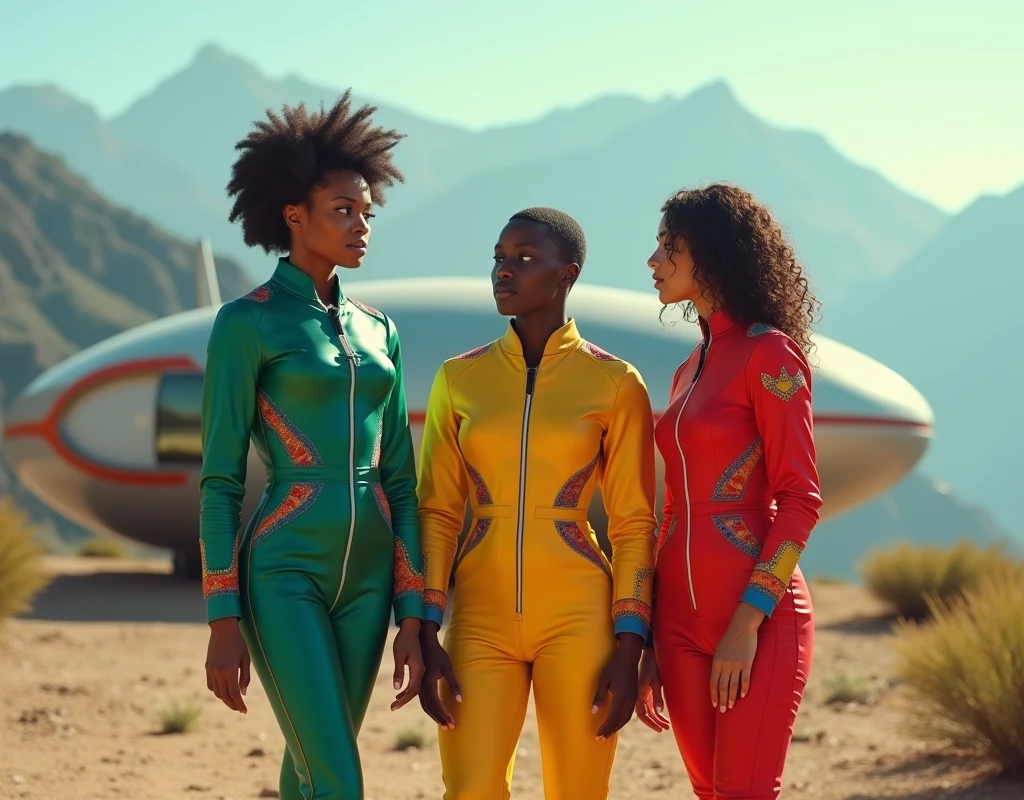 science fiction setting, 2 women (a 20 years old nigerian with short afro hairs and a 40 years old colombian with shoulder long wavy hairs) in green-black and yellow-red spacetravelling overalls are greeting a man in a red-blue spacetravelling overall, NO emblems, NO flags, medium shot, bokeh, on a level mountain spot, in the background is an elliptoid spaceship for 5 persons parking, 8k resolution, masterpiece, high details,
