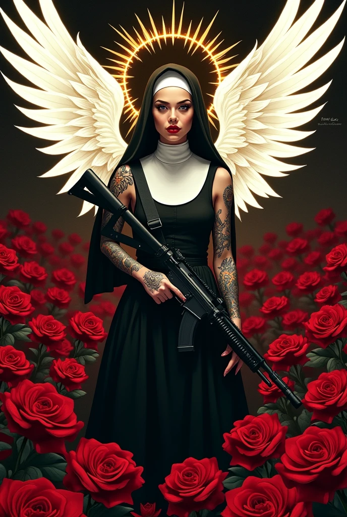 A striking dark fantasy illustration captures the essence of a stylishly tattooed nun, standing proudly amidst a sea of vibrant red roses. Her confident and fierce stance is accentuated by her large gun, while a halo of radiant white wings frames her figure. Golden bullets encircle her, symbolizing her power and precision. The bottom of the image reveals the text 'MENTAL ARMOR' and 'FREE SPIRIT STREETWEAR COMPANY', hinting at a bold and edgy fashion brand. The cinematic atmosphere evokes a powerful, independent woman in a gritty urban landscape, perfectly capturing the essence of rebellion and strength.