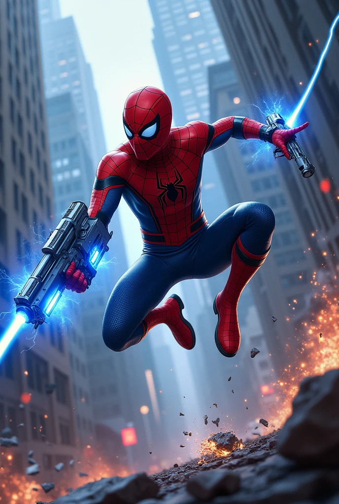 Visualize Spider-Man in an intense battle scene, holding a high-tech gun, which is unlike his usual gear, adding a unique twist to his character. Spider-Man is mid-action, firing the gun, with a burst of energy or bullets emerging from the barrel. The gun is sleek and futuristic, glowing with blue or green energy. The bullets or energy projectiles are vividly detailed, streaking through the air with a trail of light behind them.