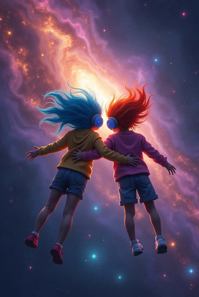 A pair of adult siblings are listening to music in space with a colorful background.