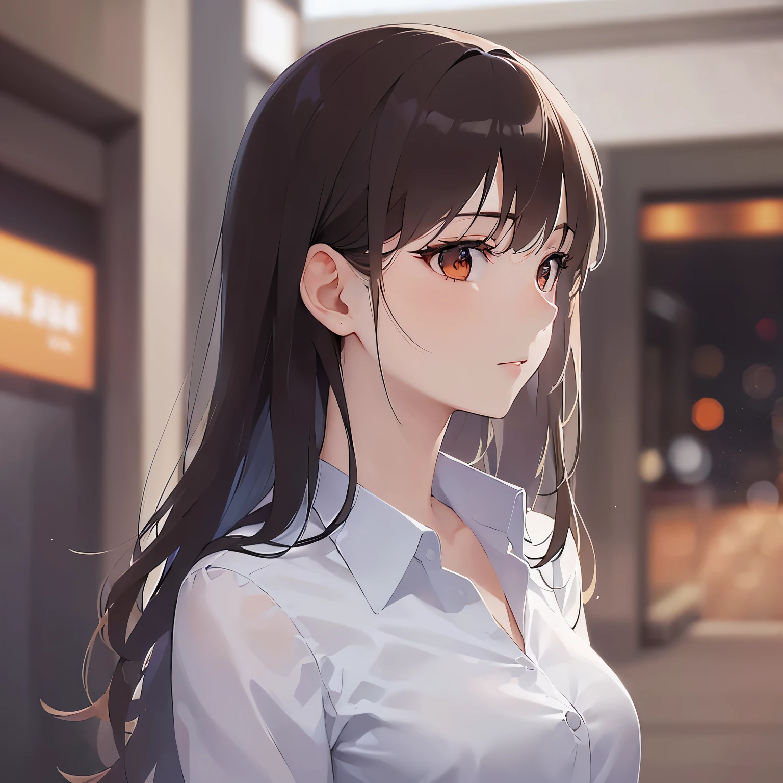 （looking at viewer:1.5）Upper Body, profile、cheek rest,
Realistic, real person, (pale skin: 1.2), RAW photo, photorealistic, shiny skin, shiny hair、(A 25-year-old woman with medium-length hair and bangs) and (wavy hair) and (brown hair) and (orange eyes) ,
(Wearing a business suit:1.5) and (Wearing a white collared shirt)、
expressionless,The background is the inside of a Japanese pub at night.、(alone:1.5)