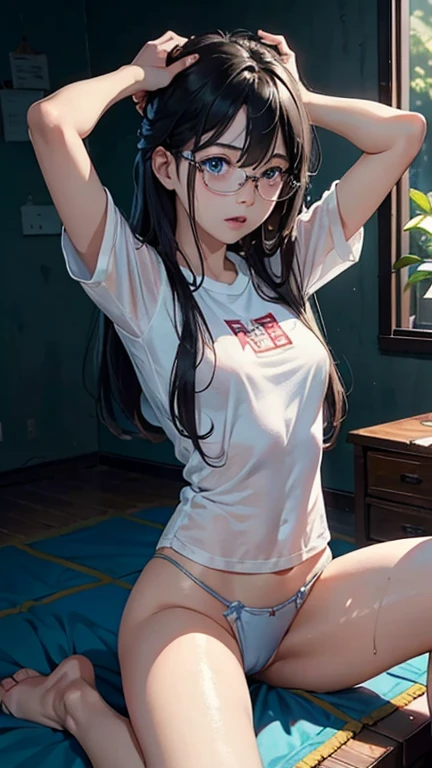 (best quality:1.4),masterpiece,Extremely detailed,Beautiful,Delicate skin,realism,Beautiful Lights,Cowboy shooting,1 Girl,Black Hair ,blue eyes ,puppet,Long hair,Shiny skin,Glasses, Oversized T-shirt, wasteland, Transparent Wet T-shirt,8k，Highest quality，One girl，Slim body，Flat breasts，quilt困在地牢，Helpless and desperate expression，Completely naked：1.6，No clothes：1.8，Damaged clothes：1.6，呈大字型quilt，Hang your hands up，Legs apart，Open、Open，Open，外阴Open，quilt狠狠抽插，Multiple men and young girls violently having sex，少女quilt塞满，少女quilt抽插，少女quilt抽插，少女quilt性玩具抽插，少女Open，少女quilt按摩棒抽插，The girl is screaming，Thick white liquid flows out，Girl with scars all over her body、quilt轮流性侵，Multiple people have sexual intercourse，quilt强奸、quilt，Legs apart and thrusting，Open your legs and insert the massage stick，双腿打开quilt性玩具抽插，Used everywhere