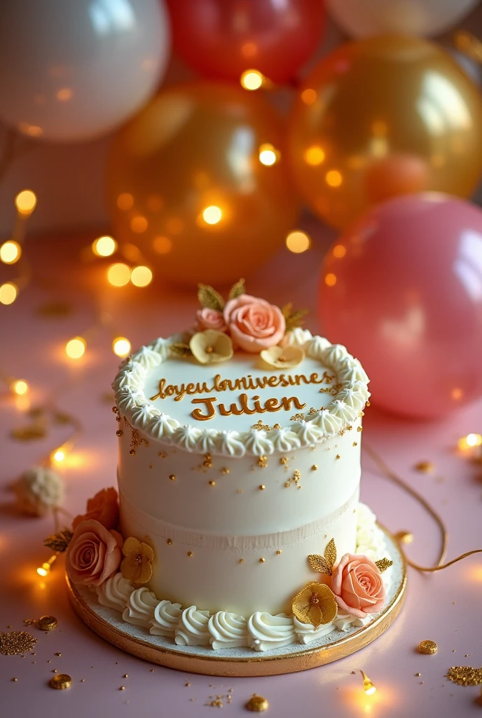 Picture a vibrant birthday cake: a three-tiered masterpiece with smooth white frosting, gold and blue accents, and delicate icing roses. The cake displays 'Bon Anniversaire Damien !' in elegant blue cursive, surrounded by edible stars. Lit candles cast a warm glow as colorful confetti and streamers add to the festive atmosphere.