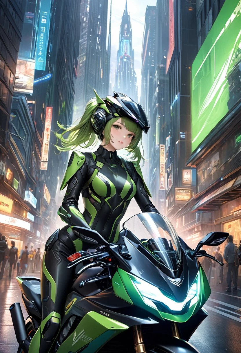 Maximum image quality, outstanding details, ultra high resolution, (Realism: 1.4), the best illustration, favor details, 1 very condensed girl, with a delicate and beautiful face, dressed in a black and green wick, wearing a mecha helmet, holding a directional controller, ride a motorcycle, the background is a high-tech lighting scene of the city of the future.