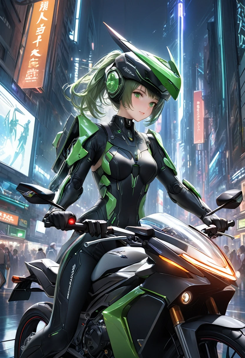 Maximum image quality, outstanding details, ultra high resolution, (Realism: 1.4), the best illustration, favor details, 1 very condensed girl, with a delicate and beautiful face, dressed in a black and green wick, wearing a mecha helmet, holding a directional controller, ride a motorcycle, the background is a high-tech lighting scene of the city of the future.