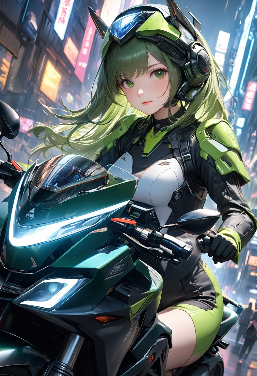 Best image quality, Excellent details, Ultra-high resolution, (realism: 1.4), Best illustrations, Favorite Details, Very condensed one girl, Delicate and beautiful features, Wearing a black and green mech, Wearing a mecha helmet, Hold the directional controller, Riding on motorcycle, The background is a futuristic city high tech lighting scene. Surreal illustrations, Surreal rendering, Beautiful digital rendering, Photorealistic rendering, Surreal illustrations