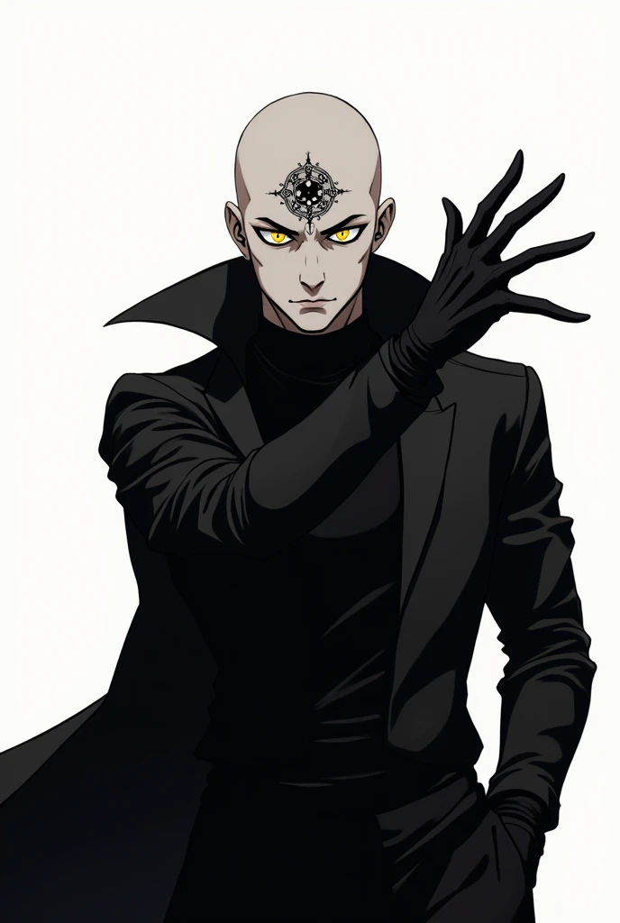 A hairless man steals basic white, black background and an alchemy tattoo on the forehead anime version