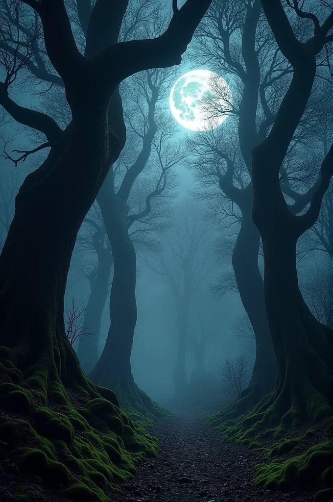 Make a dark forest with the moon on top