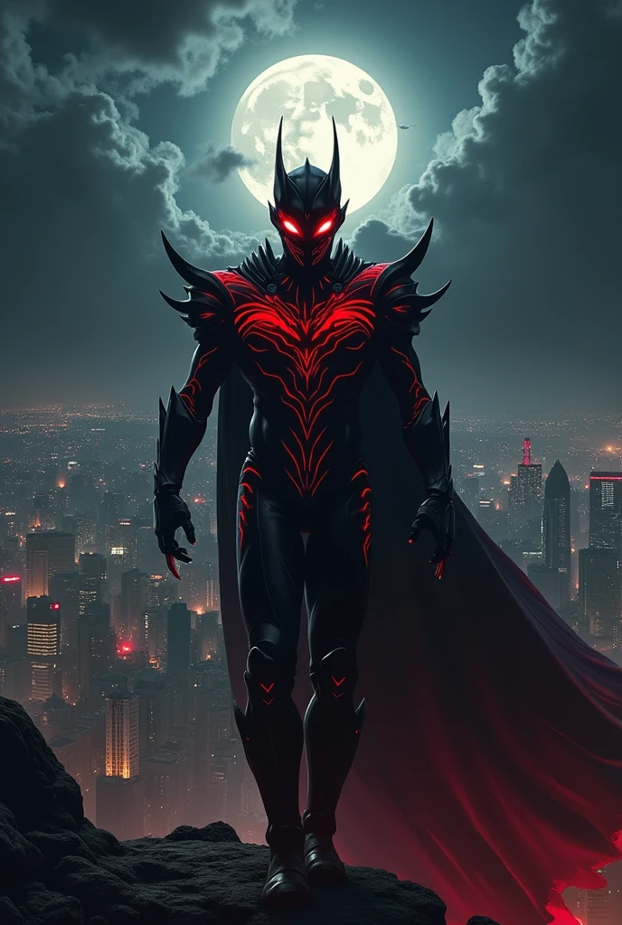 Ultraman、Black body with thick red lines、Bodybuilder's physique、An evil look、Red eyes、Tree Eyes、Thread-thin eyes、Mask of the Black Knight、charisma、Wearing a cloak、Claws、A hard, strong body、Armor Decoration、Red color timer on the chest、Small round color timer、Destroy the city、night、RAW Photos