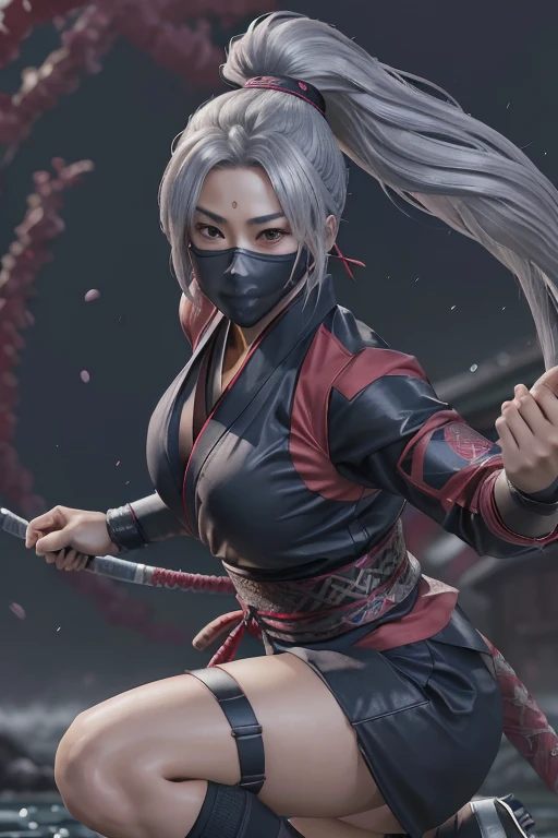 Highest quality,Ultra HD,Best AI Images, Full body photo,(beautiful face like a Japanese actress), ((Silver Hair 1.2)，Very detailed vfx portrait of, Female Ninja, Japanese kunoichi, cgsociety and Zhong Feng Hua, Covert behavior, Female Ninja, ((Scene of fighting with shurikens)),Scene of throwing shurikens 1.3,Portrait of a Japan woman, , Trending on deviantart, ((A short red ninja costume.5))，((sexy kunoichi,Big Breasts)), Japanese spy, 3D Rendering, (Beautiful Face 1.5), Key Visual, Vibrant, (((background 1 of a night mansion in the Sengoku period.5))), Very detailed, growing up,