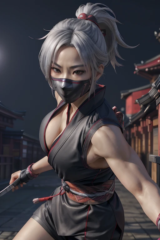 Highest quality,Ultra HD,Best AI Images, Full body photo,(beautiful face like a Japanese actress), ((Silver Hair 1.2),Very detailed vfx portrait of, Female Ninja, Japanese kunoichi, cgsociety and Zhong Feng Hua, Covert behavior, Female Ninja, ((Scene of fighting with shurikens)),Scene of throwing shurikens 1.3,Portrait of a Japan woman, , Trending on deviantart, ((A short red ninja costume.5)),((sexy kunoichi,Big Breasts)), Japanese spy, 3D Rendering, (Beautiful Face 1.5), Key Visual, Vibrant, (((background 1 of a night mansion in the Sengoku period.5))), Very detailed, growing up,