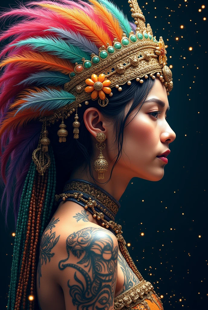 Intricate portrait of a goddess, ornate headdress, detailed tattoos, profile view, colorful feathers, splash of vibrant colors, dark background with glowing particles, digital art, fantasy style, high detail