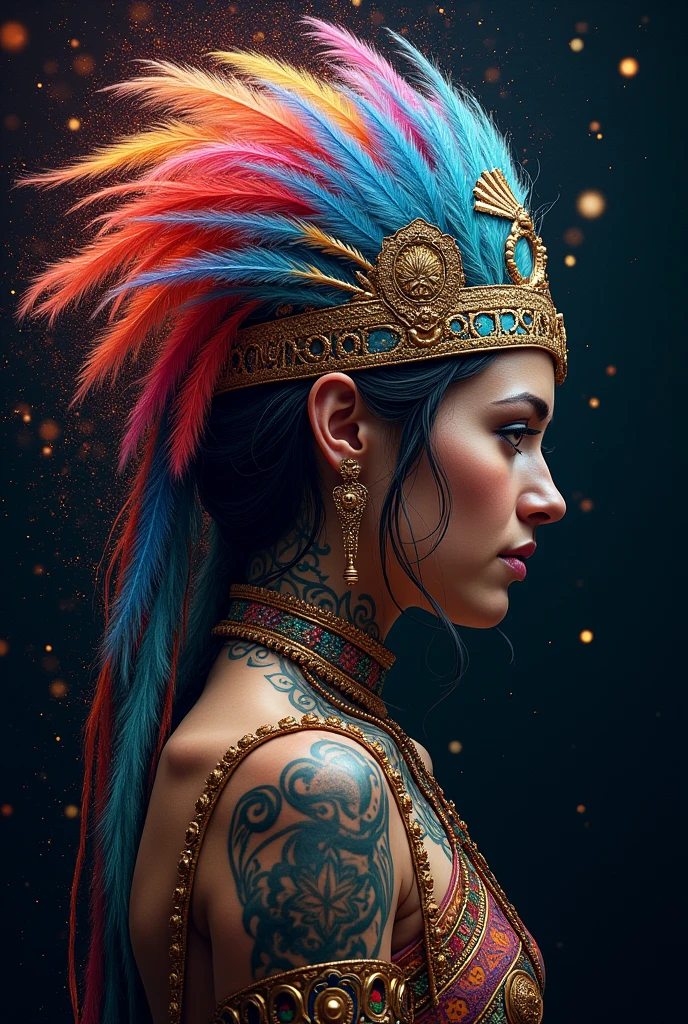 Intricate portrait of a goddess, ornate headdress, detailed tattoos, profile view, colorful feathers, splash of vibrant colors, dark background with glowing particles, digital art, fantasy style, high detail