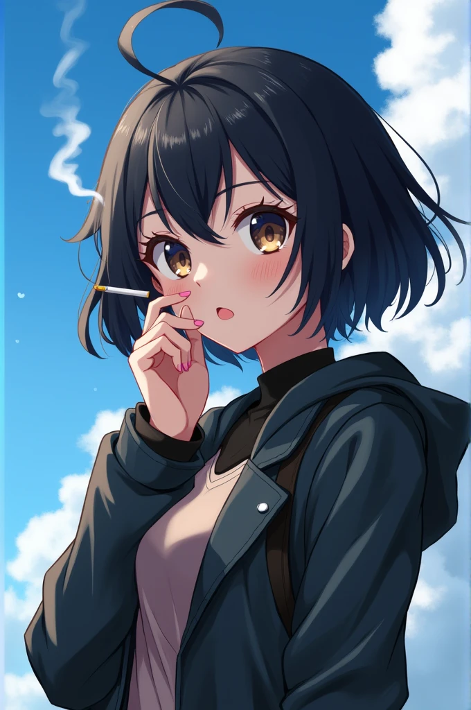 perfect face anime girl with short black hair wearing a jacket and smoking a cigarette with a blue sky as a background