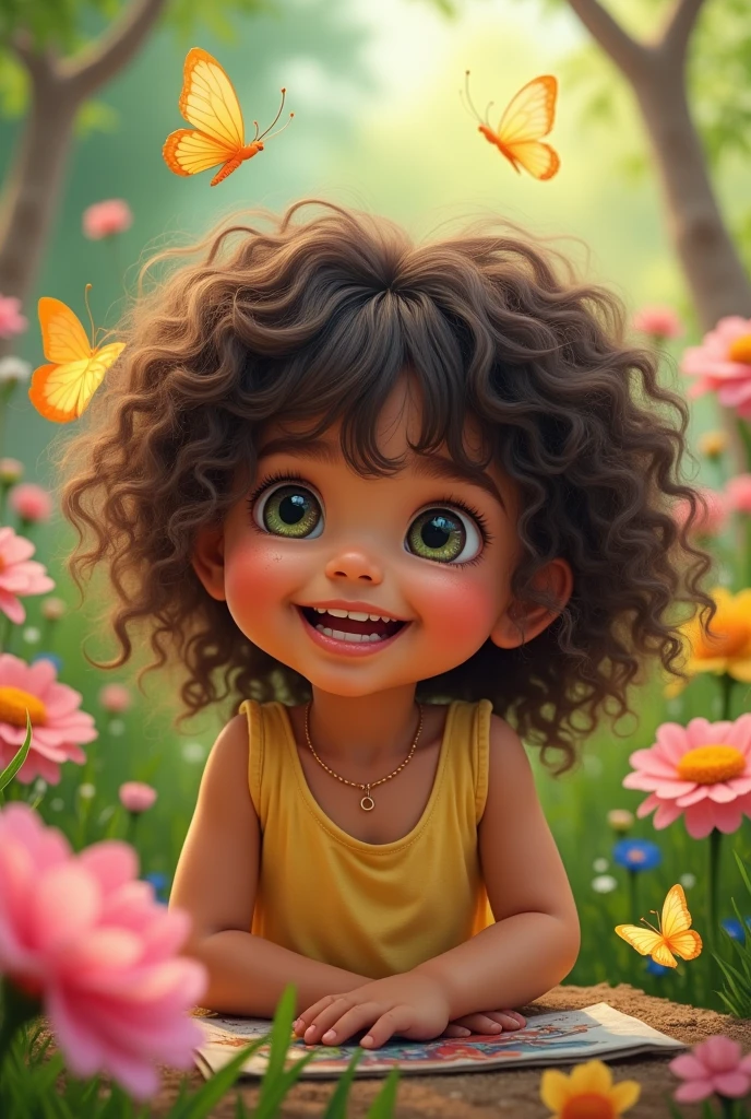 Crie one criancinha, one , com one pele um pouco morena, with big hair, com one franjinha, in almost dark blonde color, and more almond-shaped eyes in a greenish tone, with a bit of brown