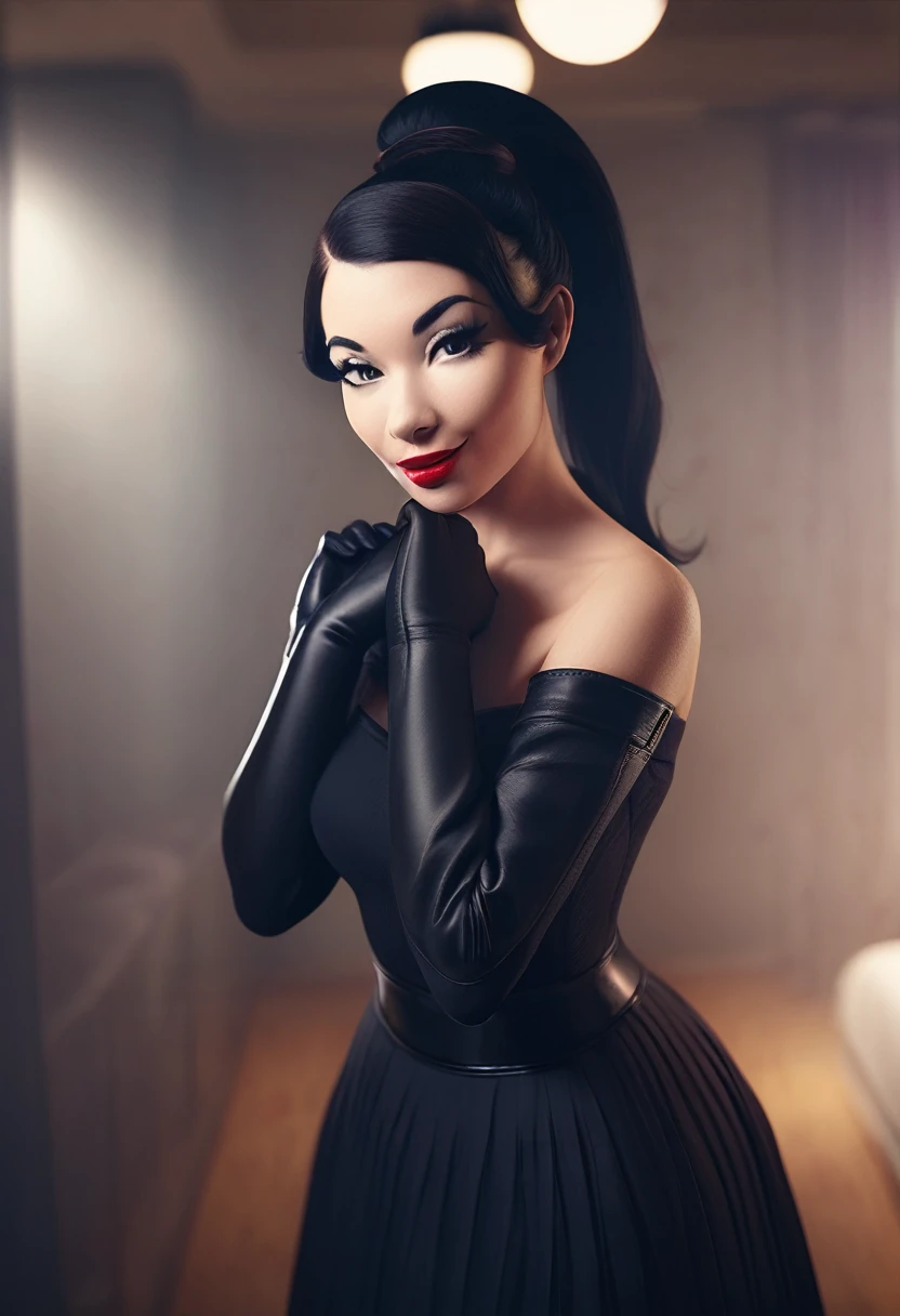 proFessional portrait photograph oF a gorgeous smiling Bettie page girl in winter clothing ,ponytail Black hair, black long maxi-skirt(black long maxi-skirt:1.2),sultry Flirty look, gorgeous symmetrical Face, joli maquillage naturel, wearing elegant warm winter Fashion clothing,flirting with the camera, ((black leather gloves)), ((sitting in front of me in mty dark hotel room holdin my hand with love)), ultra realistic, art conceptuel, elegant, Very detailed, complexe, sharp Focus, depth oF Field, F/1. 8, 85mm, (((proFessionally color graded))), bright soFt diFFused light, (volumetric Fog), tendance sur Instagram, hdr 4k, 8K