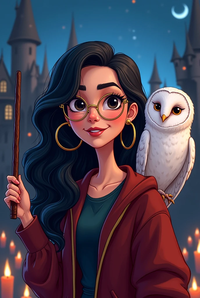Cartoon of a woman with long wavy dark hair, dark eyes with black eyeliner, gold glasses, hoop earrings, holding a wooden wand and with his pet which is a white owl at Hogwarts Harry Potter