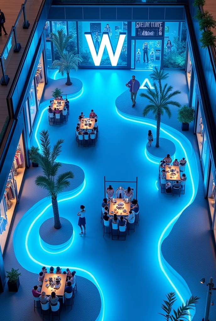 Top view of a 2D floor plan of a shopping mall clothing store, This store is large and inspired by the sea, it has a W letter in front of the store and several blue lights. Just give me the top view, making the view of the complete floor plan as clear as possible, from the highest possible angle, making visible all the elements that make up this store