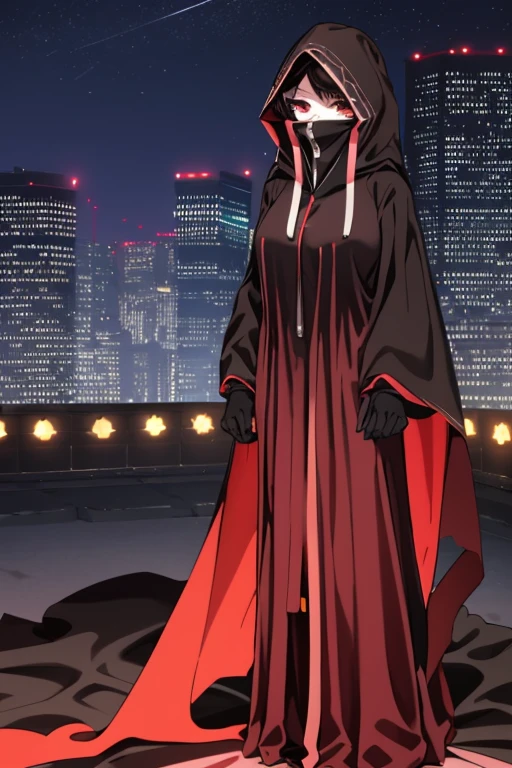 NNAssassinFSF, 1girl, solo, median breasts, black hair, red eyes, long cape sleeves, sleeves covered hands, no hands, dress, long cape, cape, black cloak, hood up, black robe, covered mouth, hooded cloak, ((masterpiece, best quality)) city, night, standing