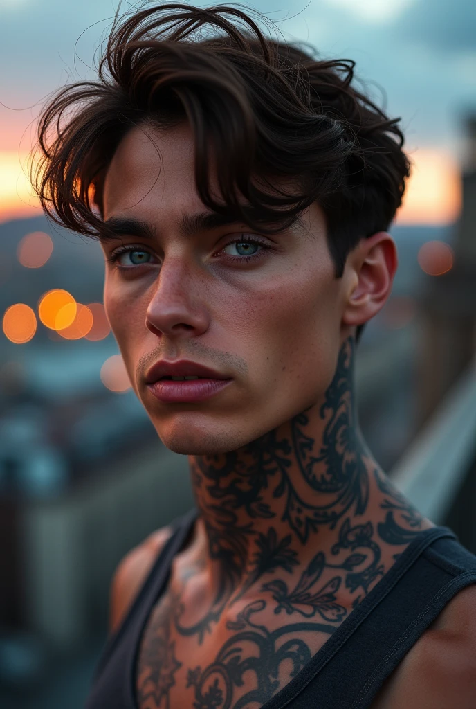 Handsome guy with blue eyes and neck tattoos