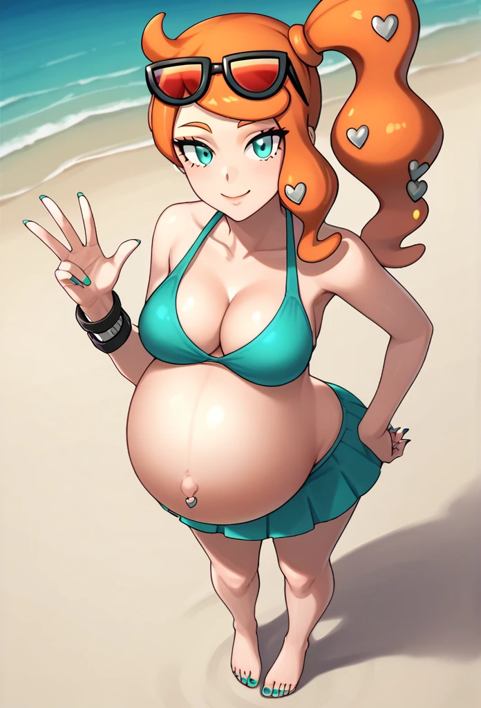 score_9, score_7_up BREAK solo,EPpkSonia,orange hair, side ponytail, aqua eyes, long hair, eyewear on head, sunglasses, heart hair ornament, aqua bikini, pregnant, big belly, Belly button piercing, cleavage, bracelet, collarbone, panties, nail polish, aqua nails, aqua toenails, beach, belly rub, Hawaii skirt