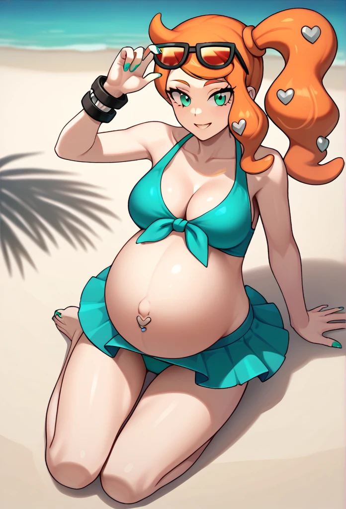 score_9, score_7_up BREAK solo,EPpkSonia,orange hair, side ponytail, aqua eyes, long hair, eyewear on head, sunglasses, heart hair ornament, aqua bikini, pregnant, big belly, Belly button piercing, cleavage, bracelet, collarbone, panties, nail polish, aqua nails, aqua toenails, beach, belly rub, Hawaii skirt