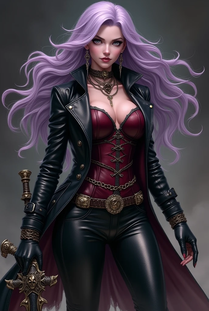 Illustrating Marionne, the demon huntress, She has long wavy lilac violet hair and gray eyesclad in a form-fitting black leather outfit, comprising a wine leather trench coat, a snug red corset embellished with belts and chains, coordinated pants, long leather boots for added defense and a gothic flair, wielding a large sword with a skull-adorned guard and a realistically styled hilt, against a dark backdrop to enhance the mysterious aura, Illustration
