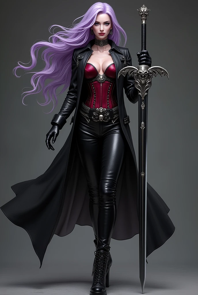 Illustrating Marionne, the demon huntress, She has long wavy lilac violet hair and gray eyesclad in a form-fitting black leather outfit, comprising a wine leather trench coat, a snug red corset embellished with belts and chains, coordinated pants, long leather boots for added defense and a gothic flair, wielding a large sword with a skull-adorned guard and a realistically styled hilt, against a dark backdrop to enhance the mysterious aura, Illustration